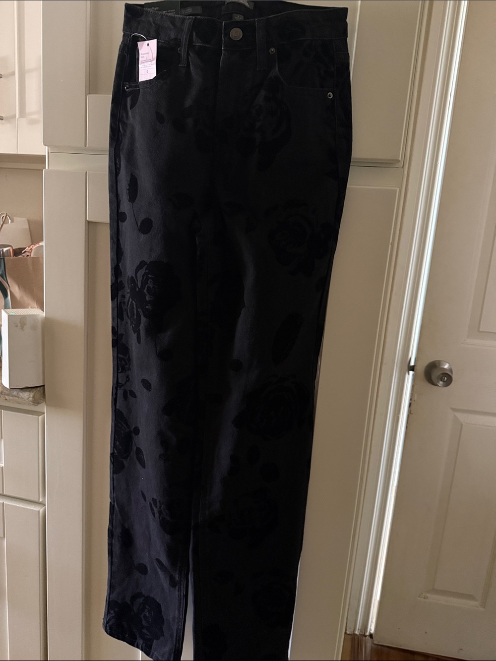 Black womens Slim Straight Floral-Textured Pants